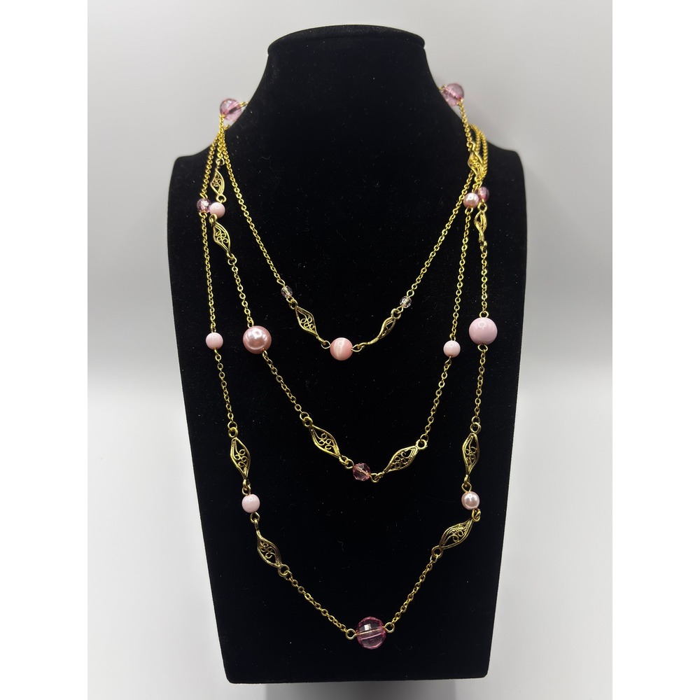 Candie's Pink Gold Tone Filigree Station Necklace Long Layering Chain‎ 38"
